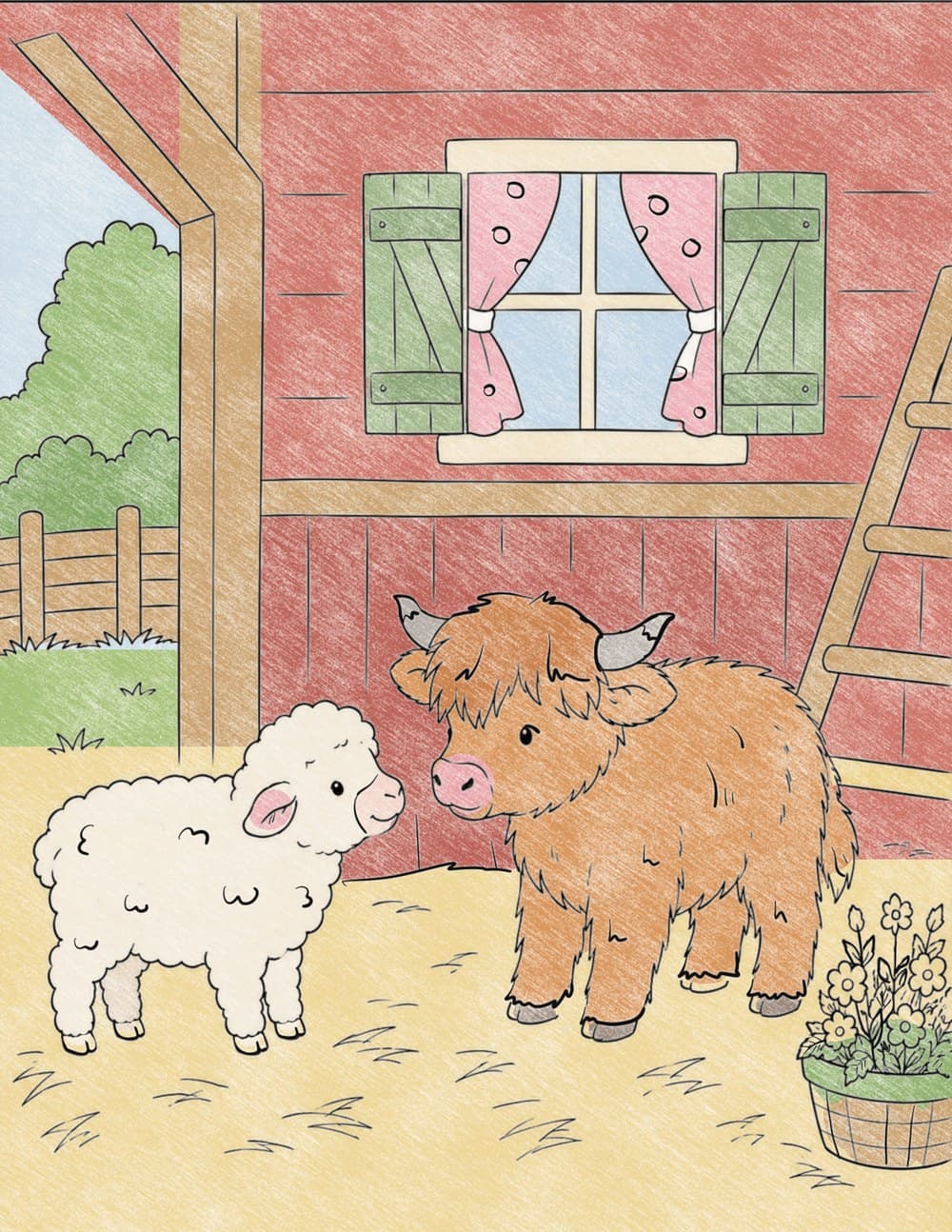 Colored-in coloring sheet of a little lamb and Charlsie the Highland calf meeting inside the barn
