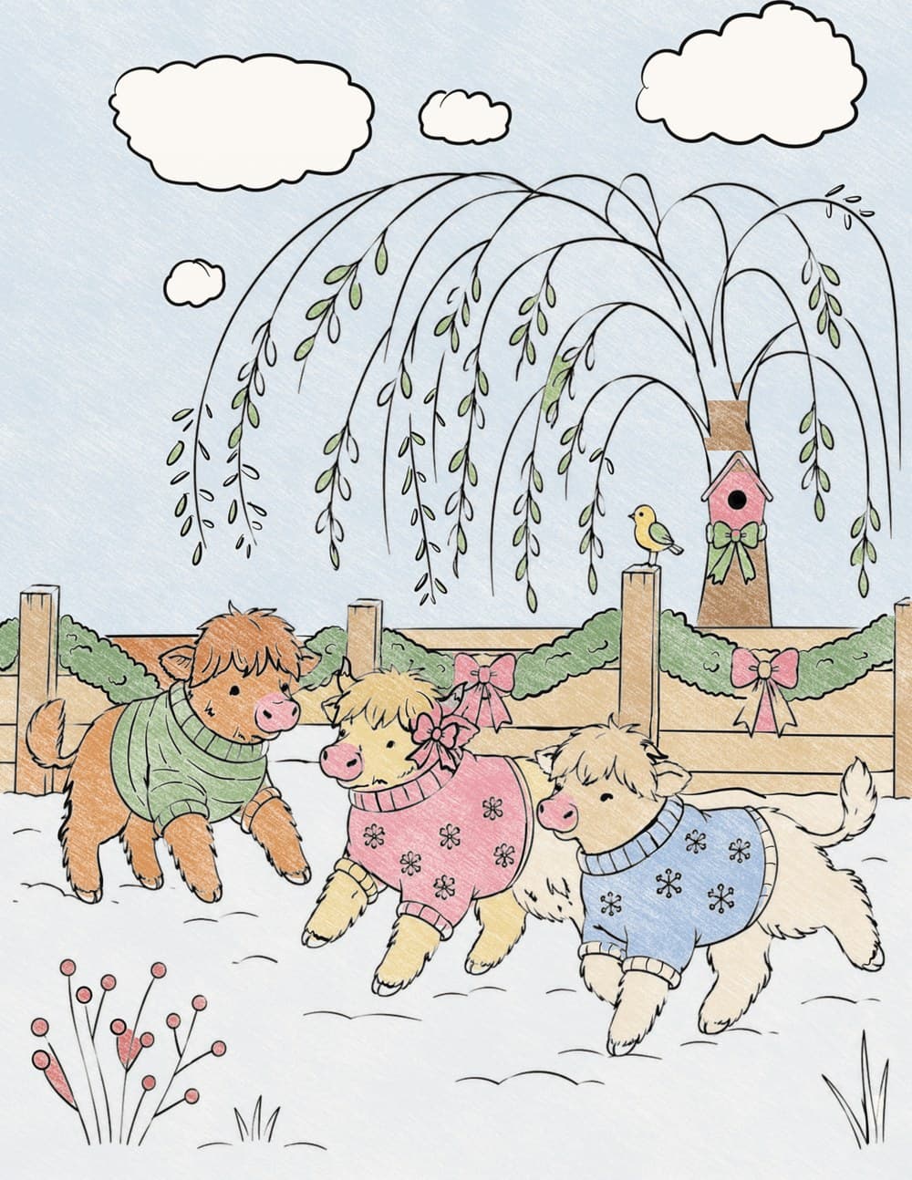 Colored-in coloring sheet of three Highland calves in cozy sweaters playing in the snow beneath a willow tree