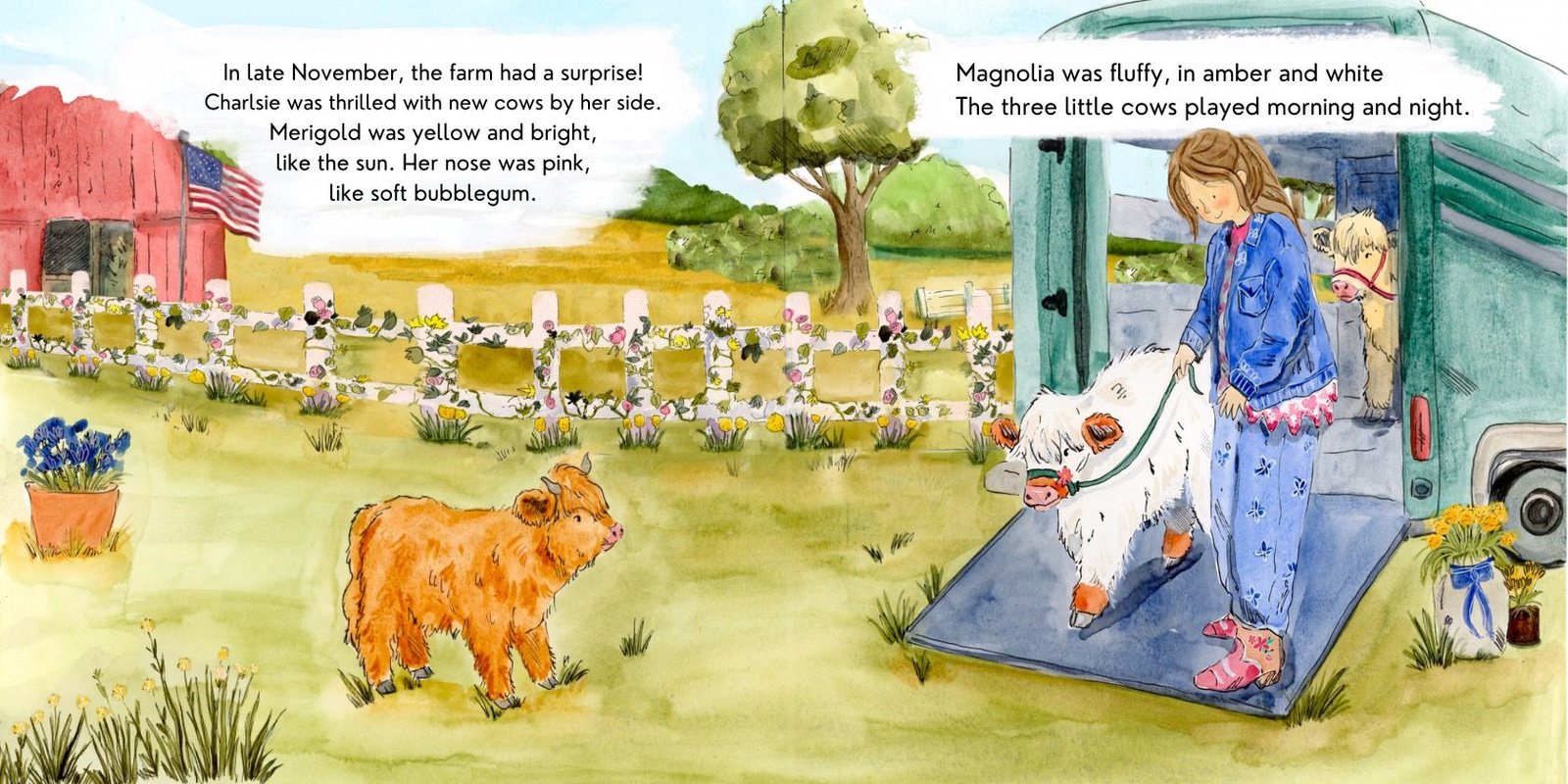 Watercolor spread: in late November Charlsie watches as a girl leads fluffy white Magnolia down a trailer ramp, with Merigold peeking out behind