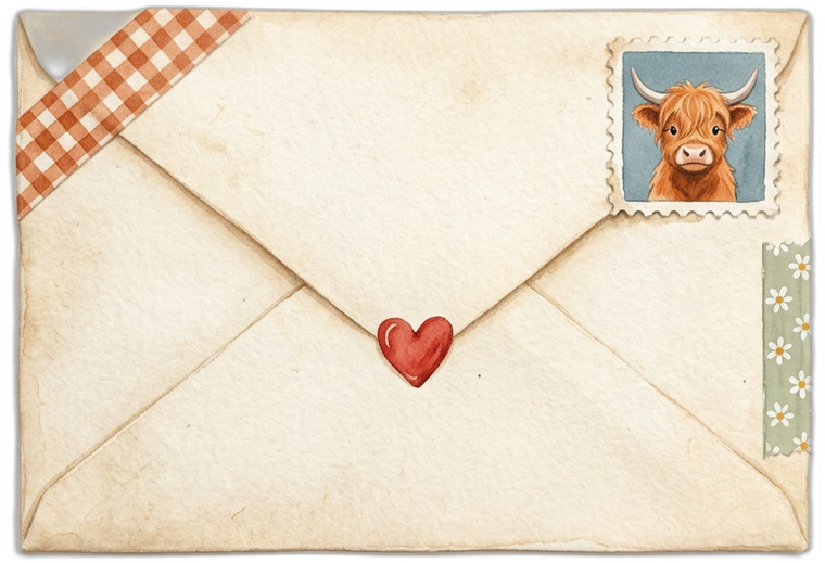 A vintage envelope sealed with a red heart, farm washi tape, and a Highland calf stamp