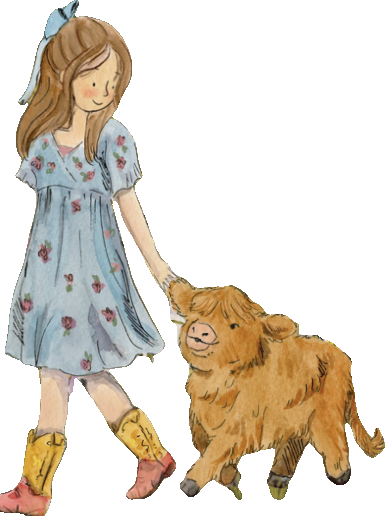 A girl in a blue flowered dress walking alongside Charlsie