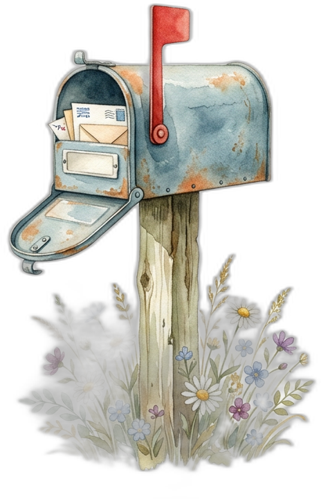 A turquoise watercolor farmhouse mailbox with its flag up and letters peeking out